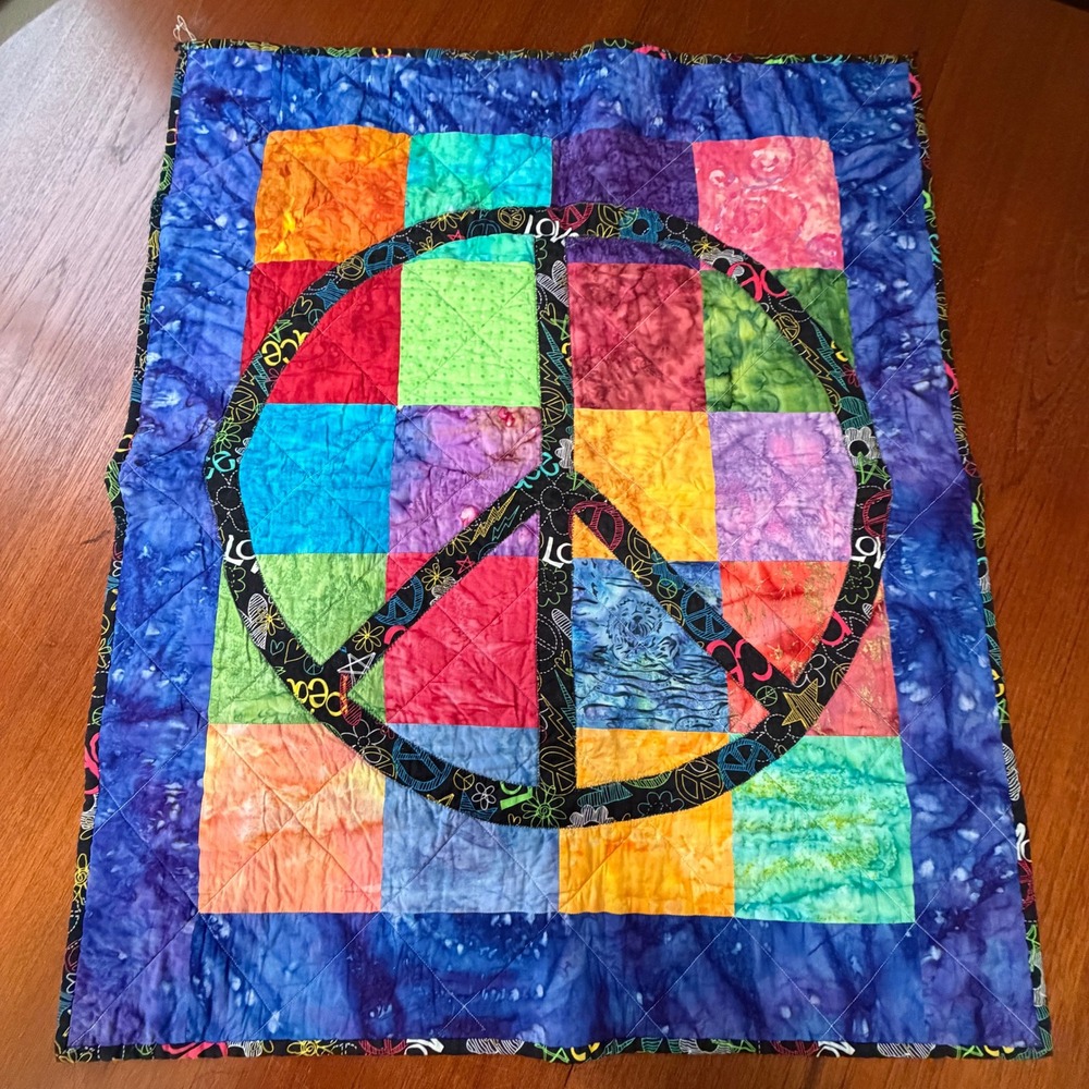 Handmade Batik Patchwork Rainbow Peace Sign Quilted Wall Hanging 28x28 Groovy